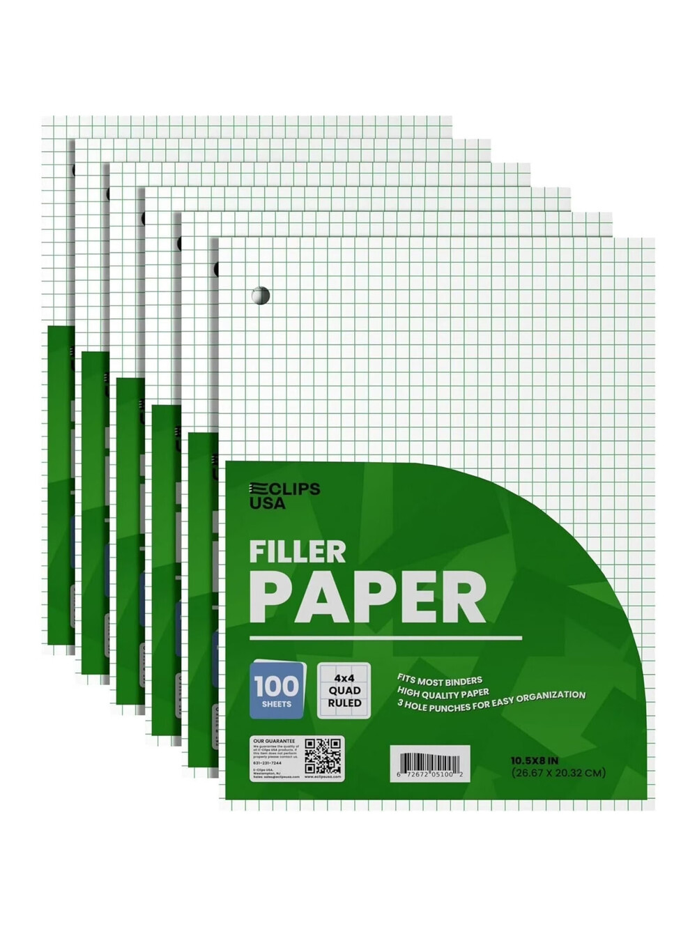 6 Pack E-Clips USA Graph Paper 4x4 Quad Ruled 10.5” x 8” 100 Sheet Each Notebook